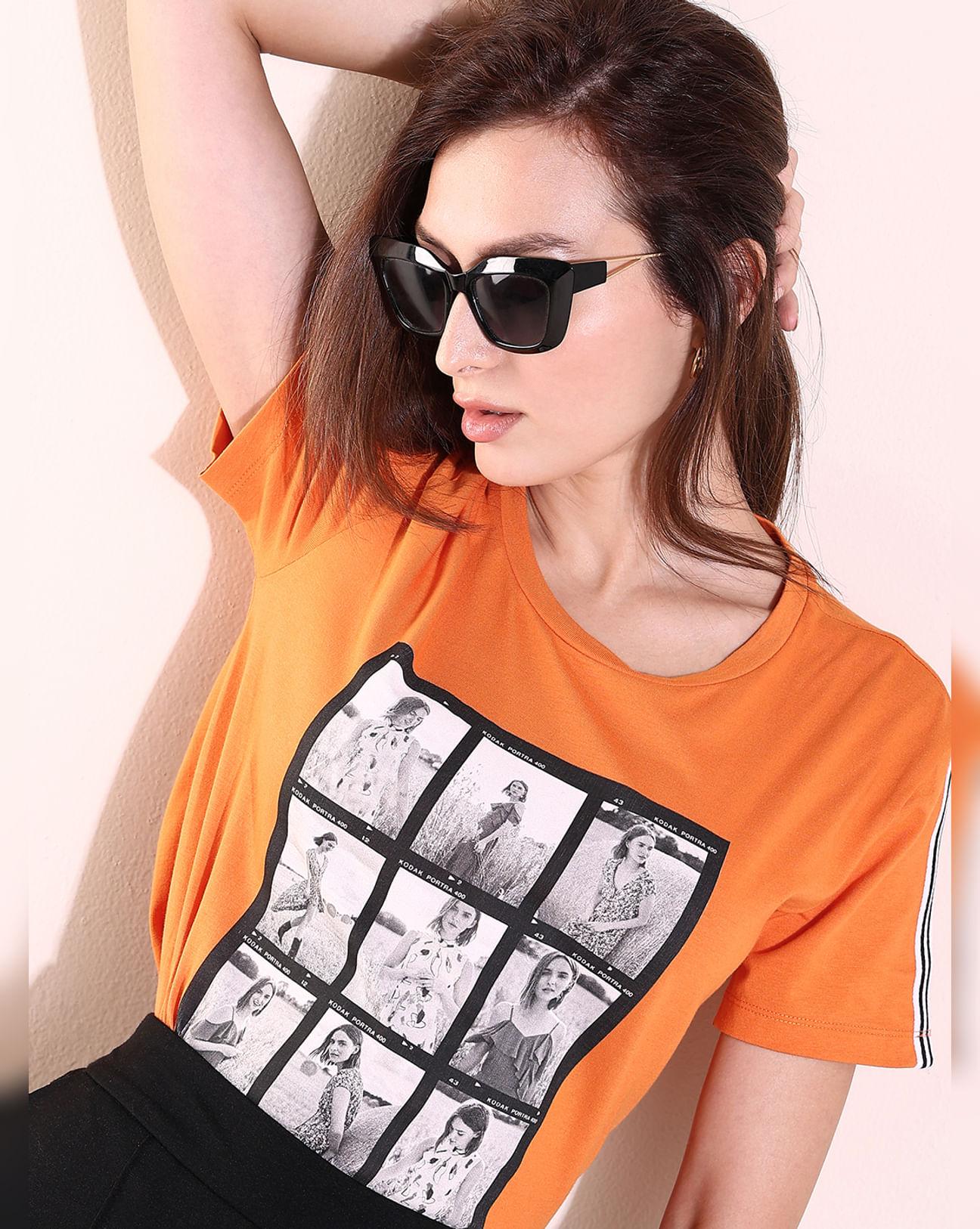 orange picture collage print t-shirt