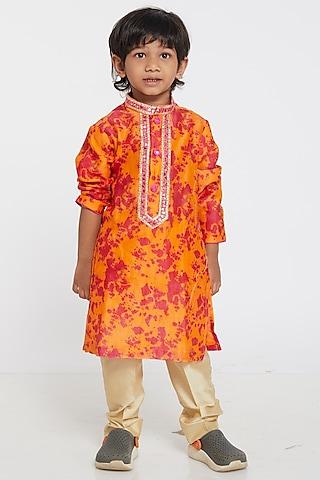 orange pink printed kurta set for boys