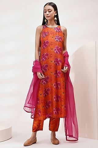 orange-pink upada silk hand-painted & embellished kurta set