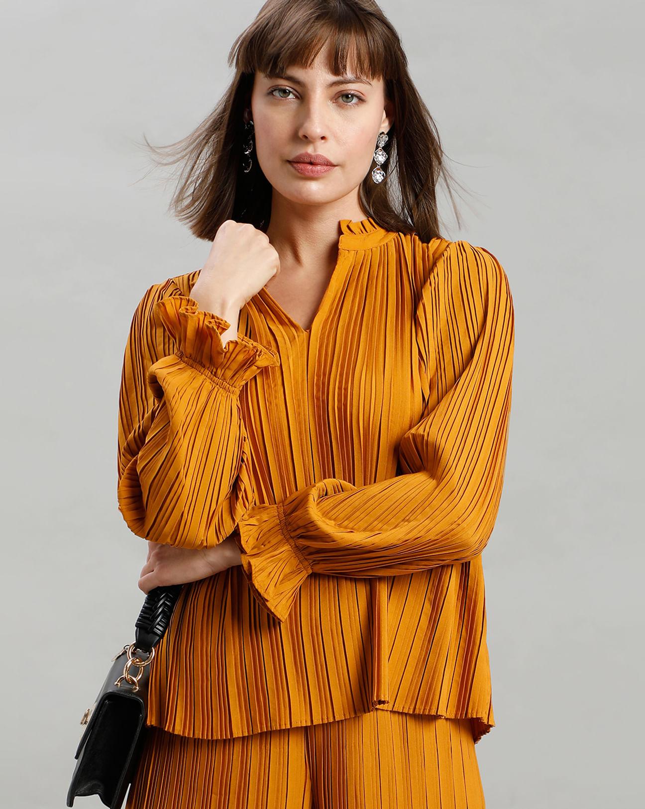 orange pleated full sleeves top