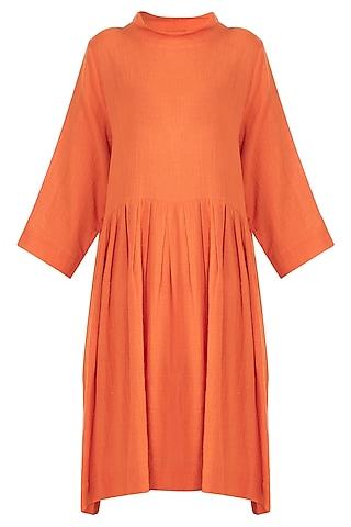 orange pleated knee length dress