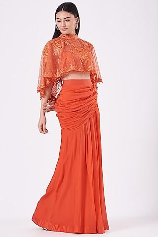 orange pleated silk chiffon draped skirt set