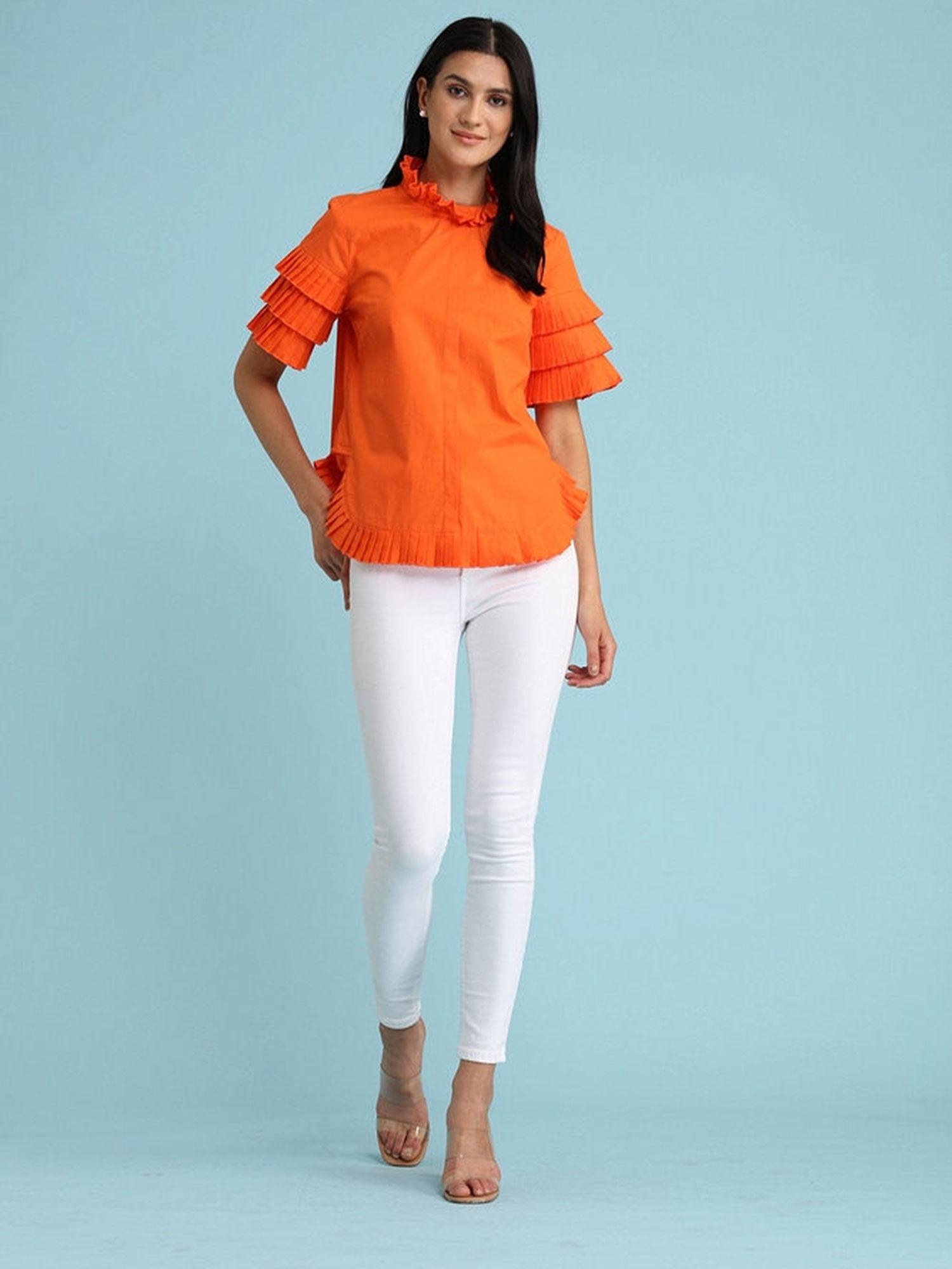 orange pleated trimmed blouse