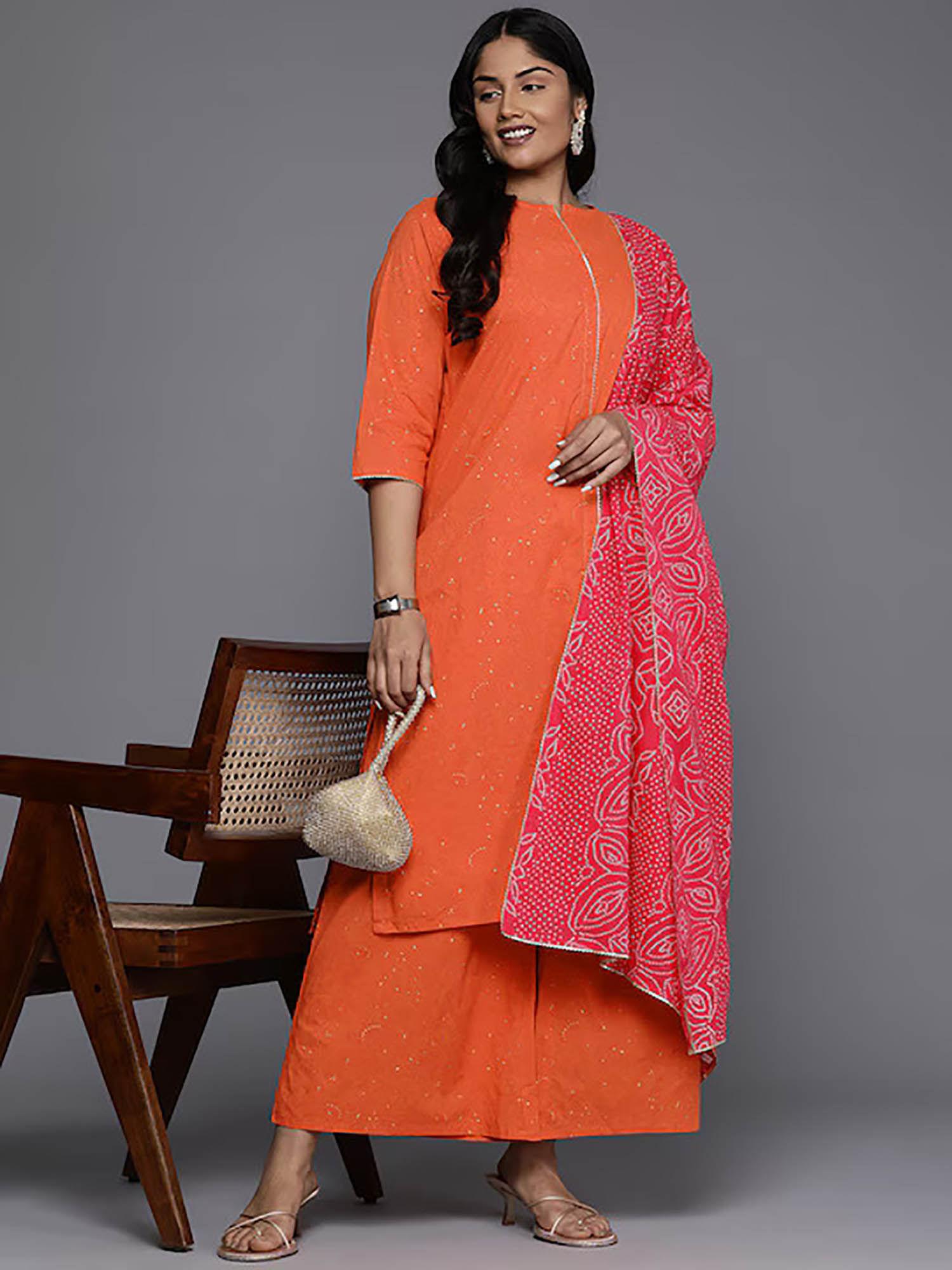 orange plus size printed kurta with palazzo and dupatta (set of 3)