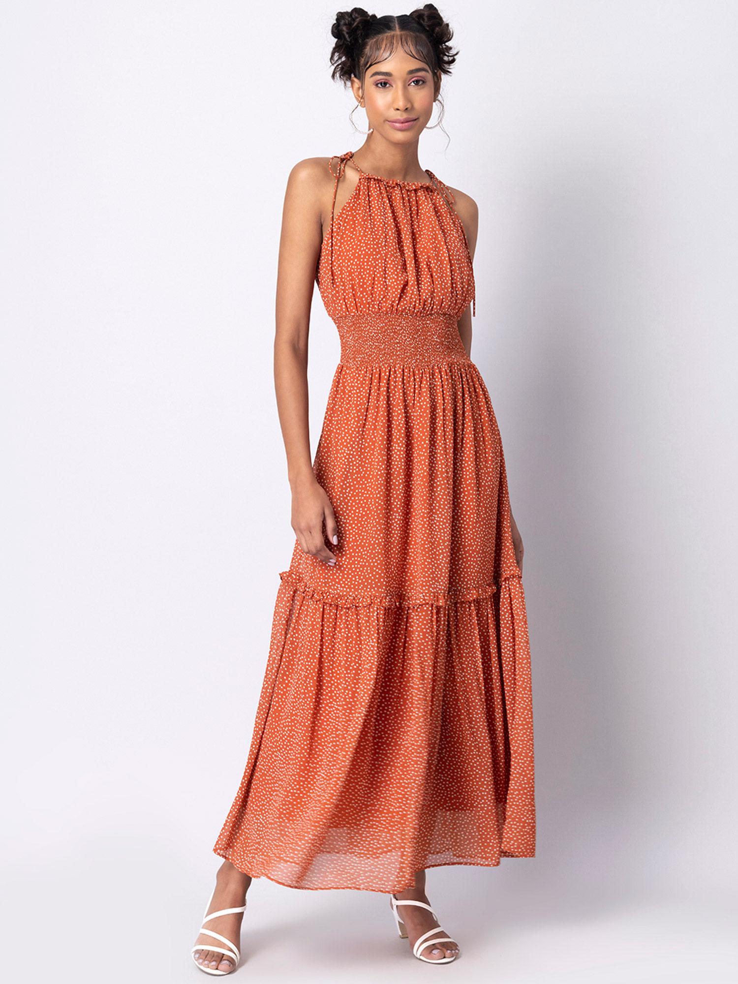 orange polka halter smocked waist maxi dress