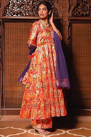 orange poly viscose printed anarkali set