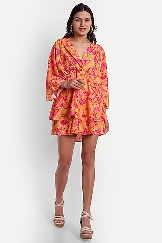 orange polyester cotton printed mini dress