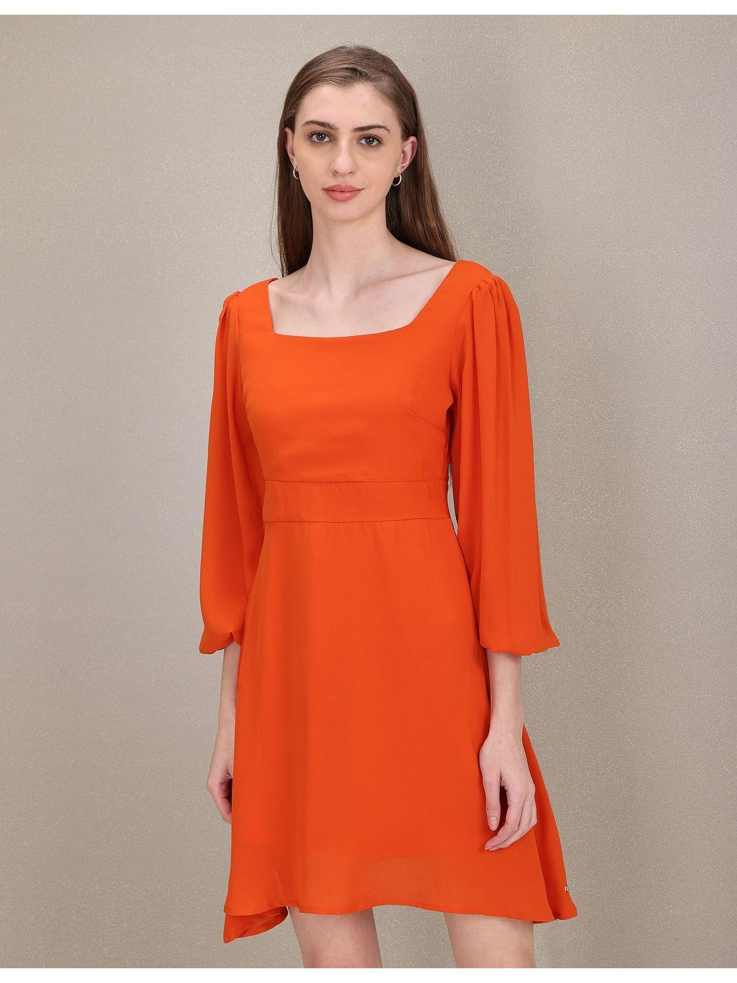 orange polyester solid fit and flare dress