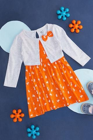 orange print casual full sleeves round neck baby regular fit dress