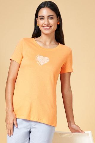 orange print casual half sleeves round neck women regular fit  t-shirt