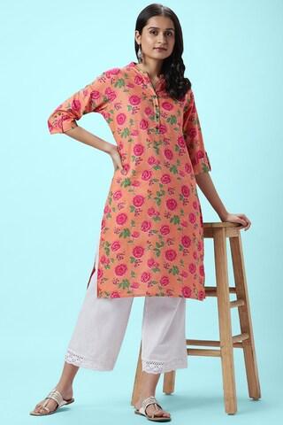 orange print casual mandarin 3/4th sleeves calf-length women regular fit kurta