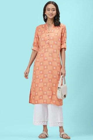 orange print casual mandarin 3/4th sleeves calf-length women regular fit kurta