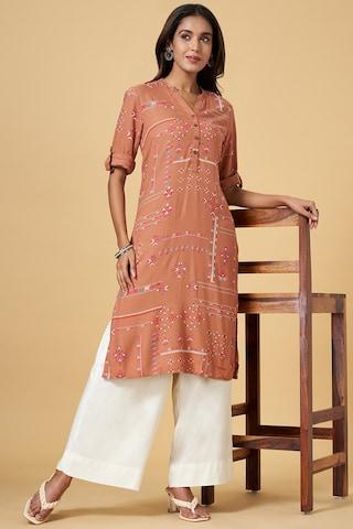 orange print casual mandarin 3/4th sleeves calf-length women regular fit kurta