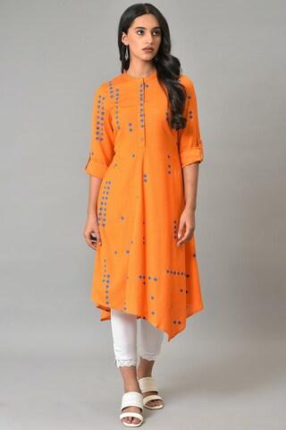 orange print casual mandarin 3/4th sleeves women regular fit kurta