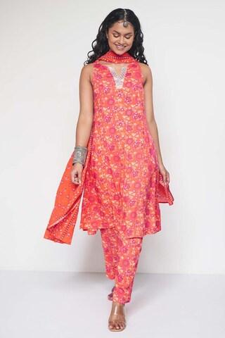 orange print ethnic sleeveless v neck women comfort fit pant kurta dupatta set