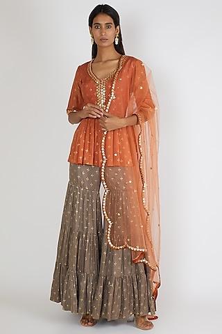 orange printed & embroidered gharara set