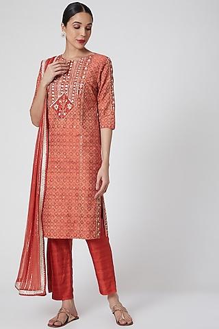 orange printed & embroidered kurta set