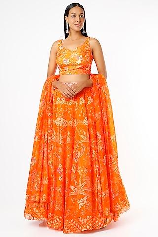 orange printed & embroidered lehenga set