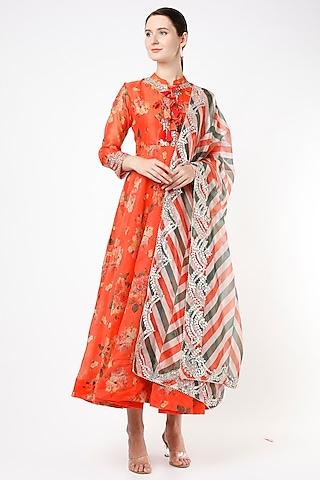 orange printed & hand embroidered anarkali set