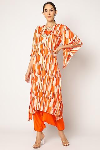 orange printed a-line kurta set