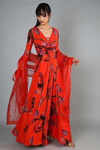 orange printed anarkali with dupatta