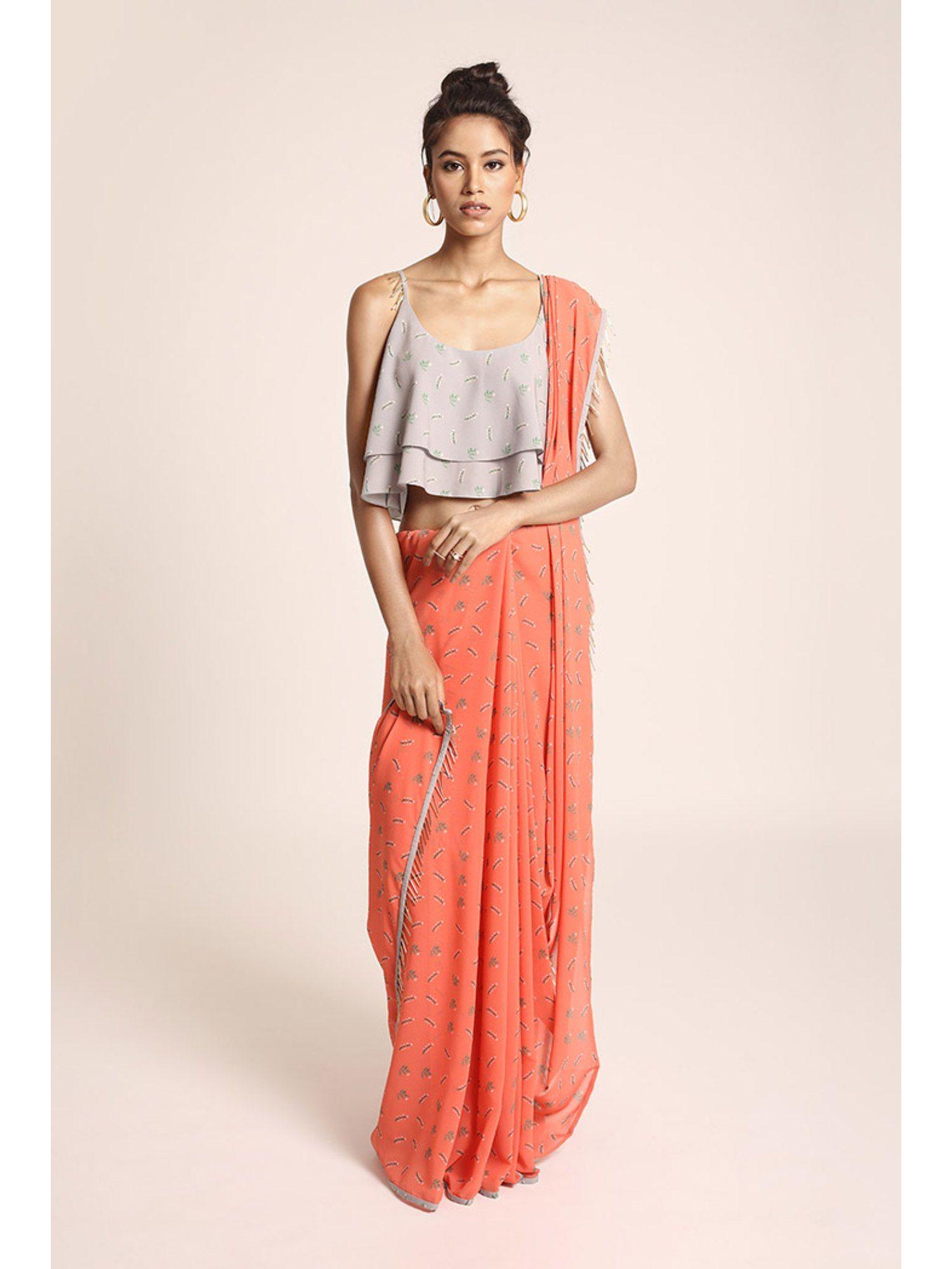 orange printed art crepe two layer top with pre draped saree