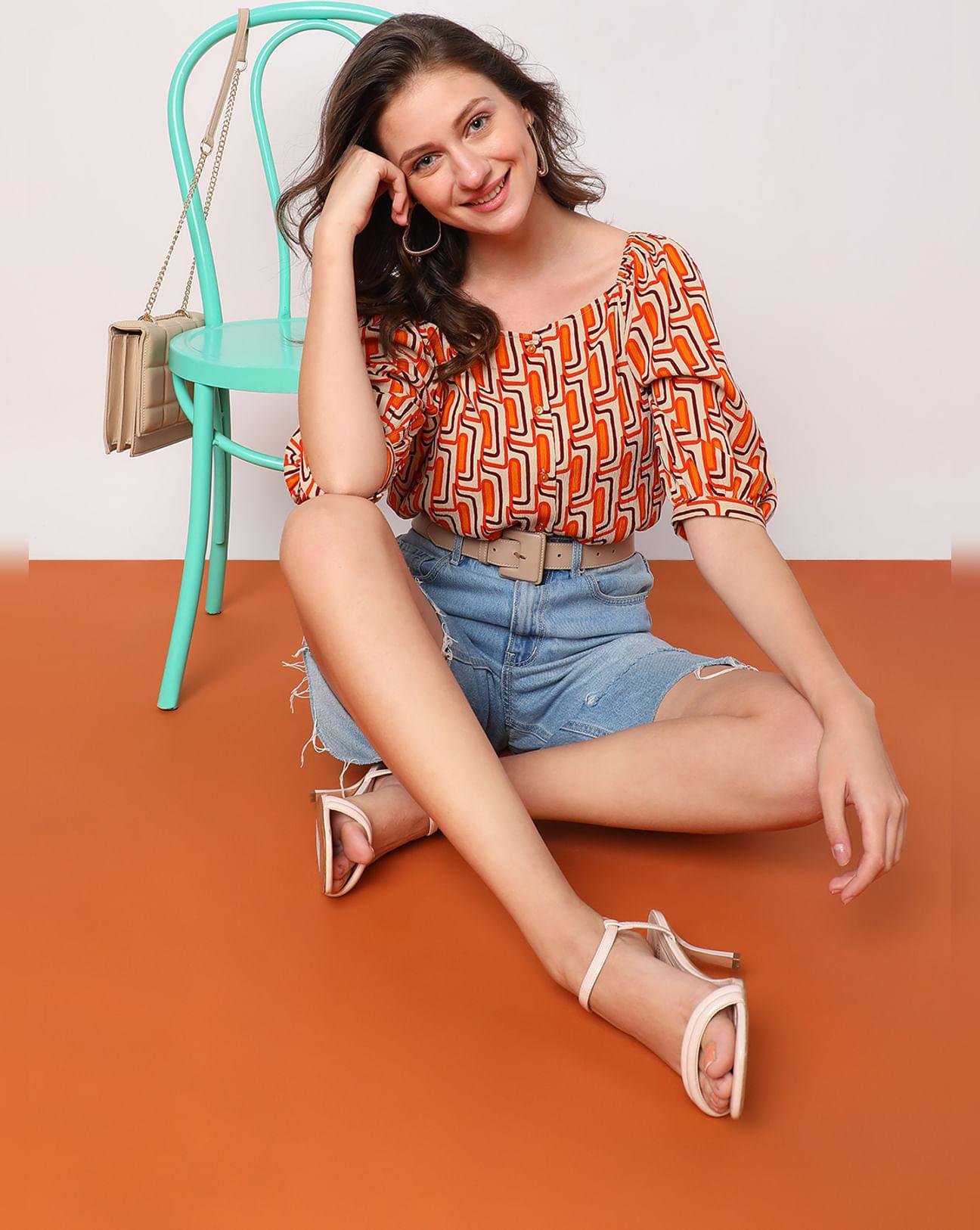 orange printed buttoned top