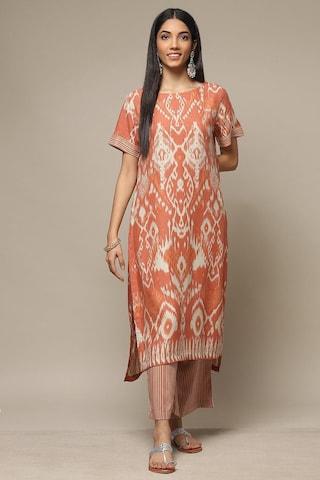 orange printed casual boat neck short sleeves ankle-length women straight fit kurta palazzo set