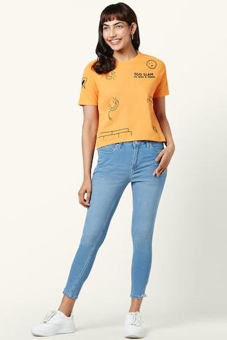 orange printed casual half sleeves round neck women regular fit t-shirt