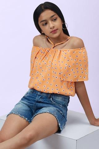 orange printed casual half sleeves shoulder strap girls regular fit blouse