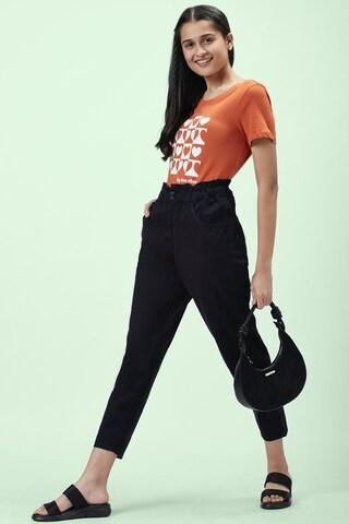 orange printed casual short sleeves round neck women regular fit t-shirt