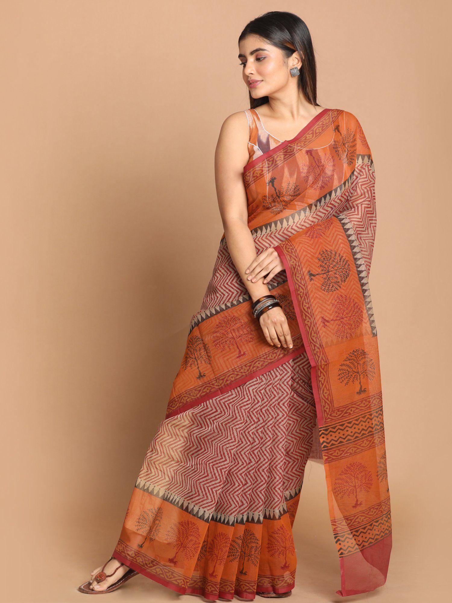 orange printed cotton blend saree with unstitched blouse