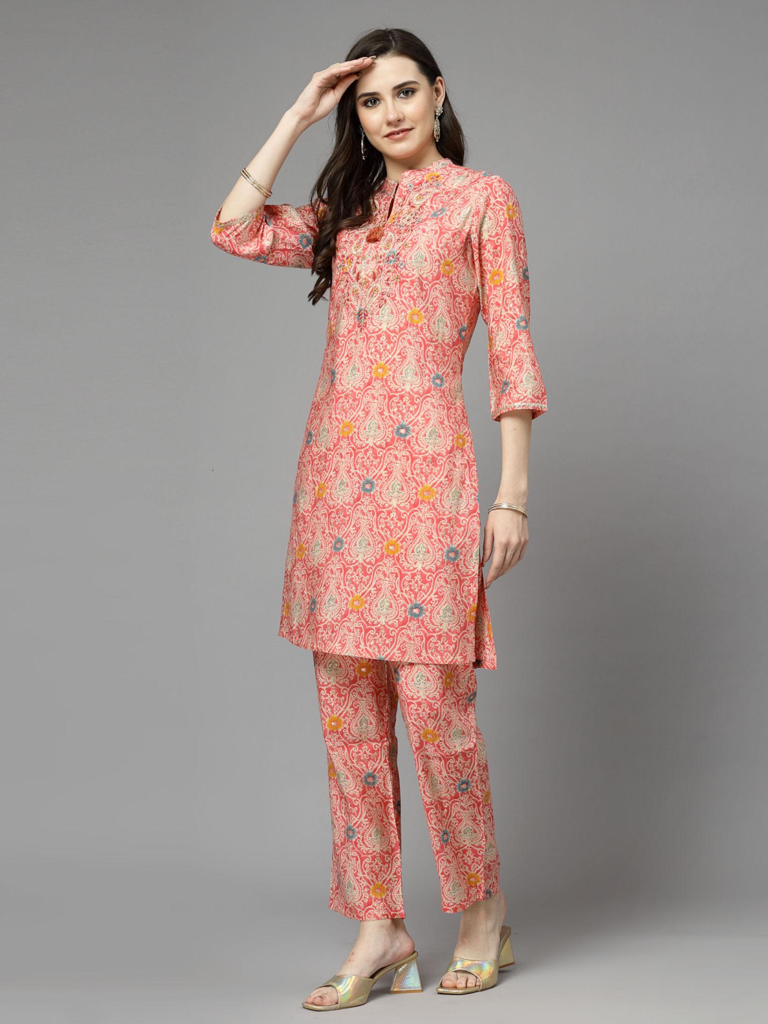 orange printed embroidered kurta with pant (set of 2)