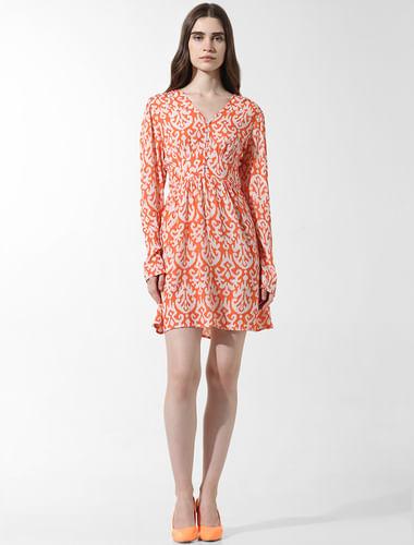 orange printed fit & flare dress