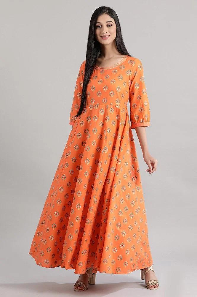 orange printed flared dress