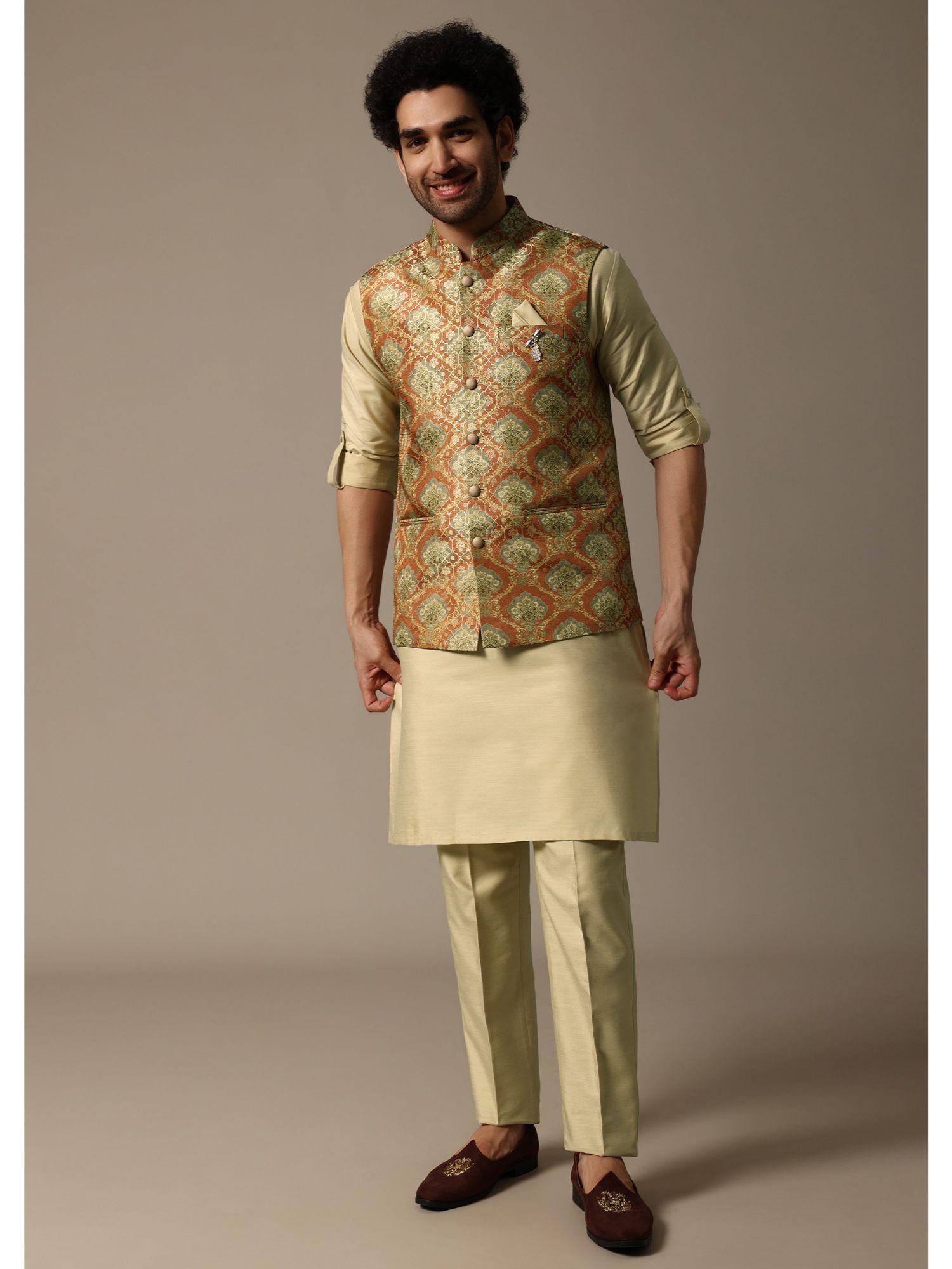 orange printed jacquard kurta and jacket with pant for men (set of 3)