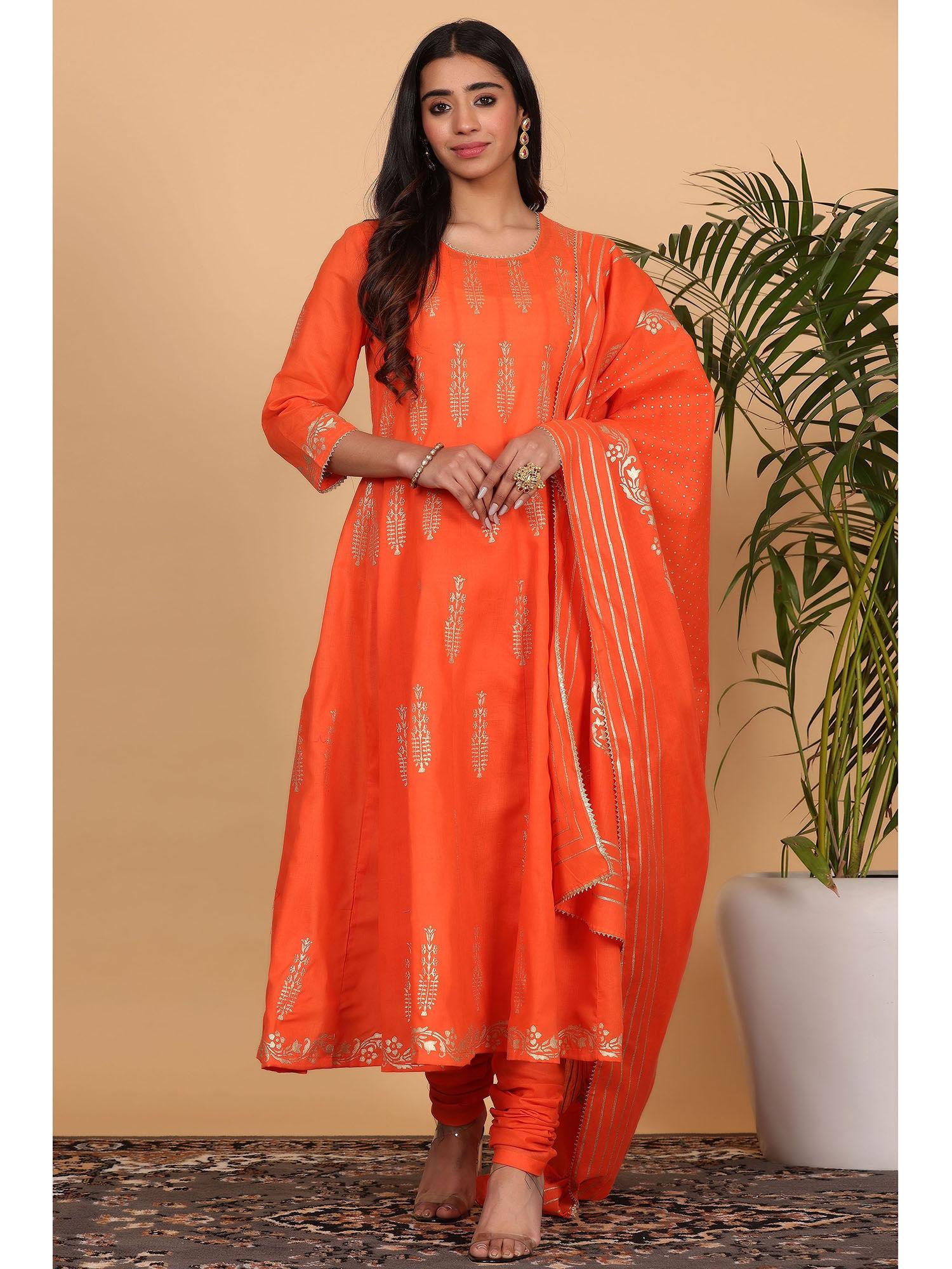 orange printed kalidar kurta dupatta with churidar (set of 3)