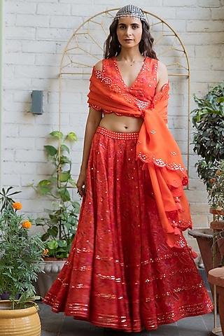 orange printed lehenga set