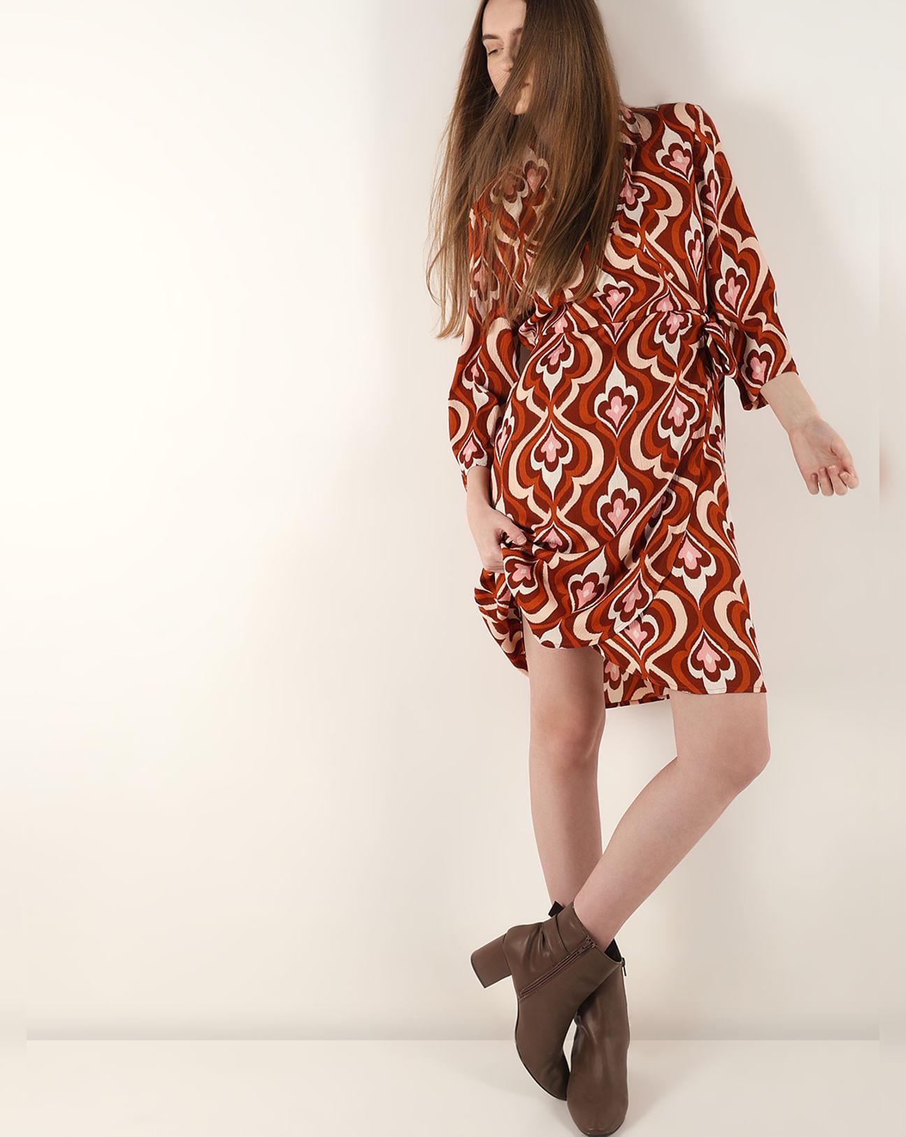 orange printed mock wrap dress