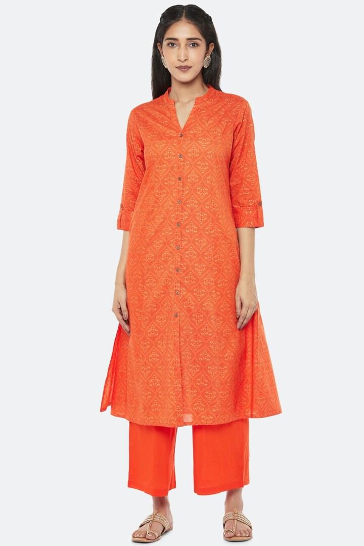 orange printed pant kurta set