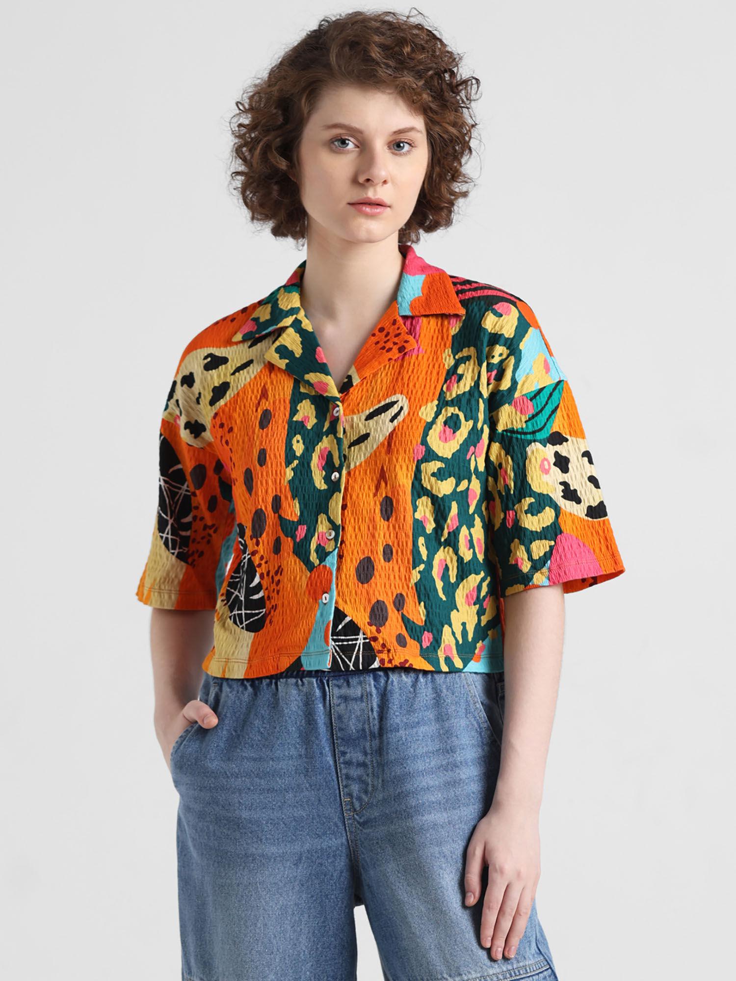 orange printed resort shirt