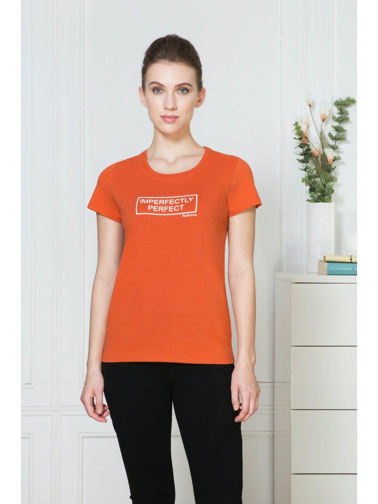 orange printed round neck t-shirt