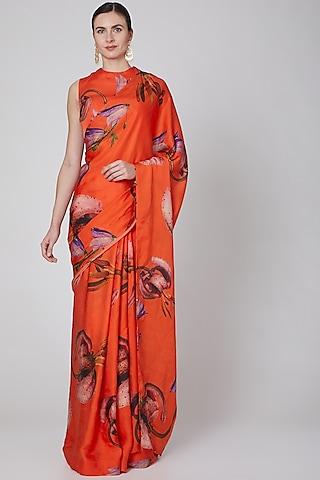 orange printed saree set