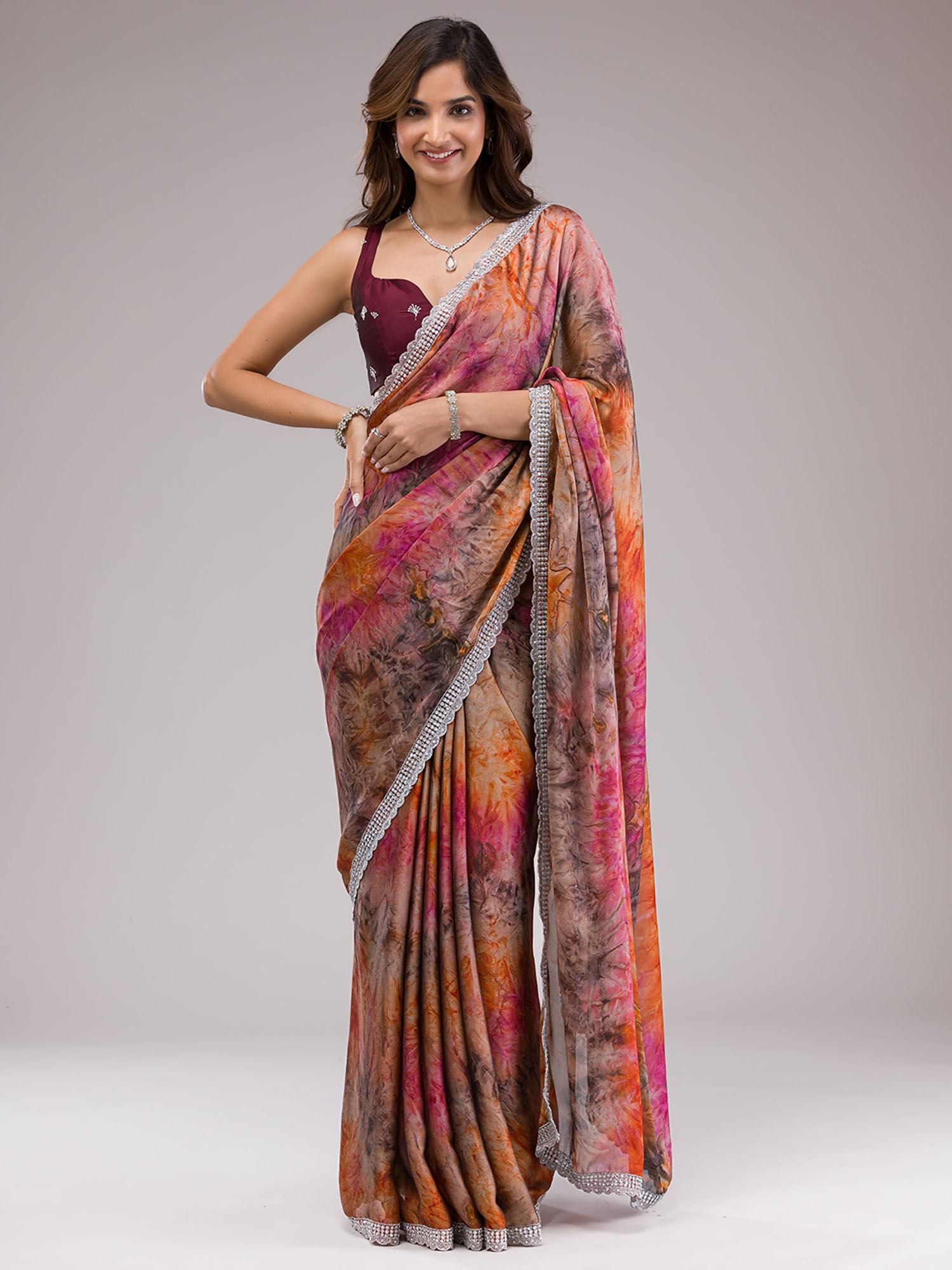 orange printed semi crepe saree with unstitched blouse