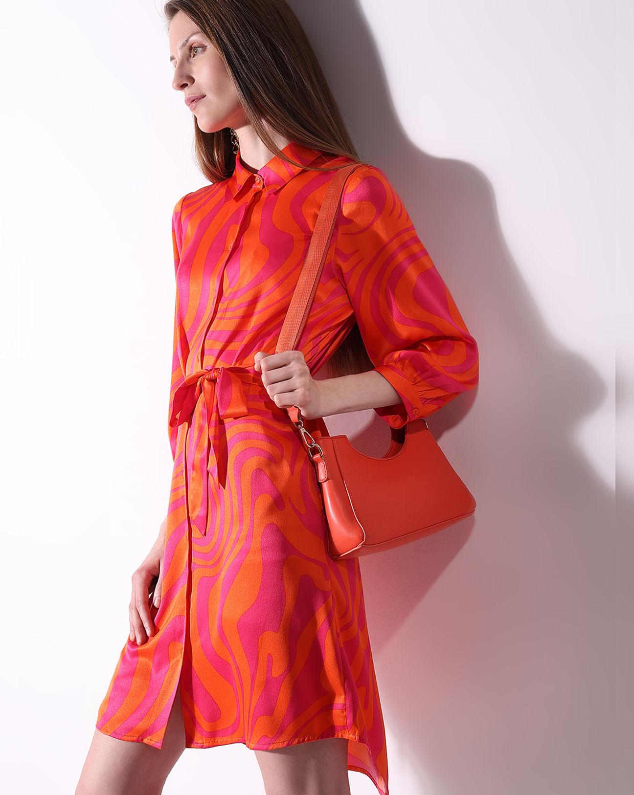 orange printed shirt dress