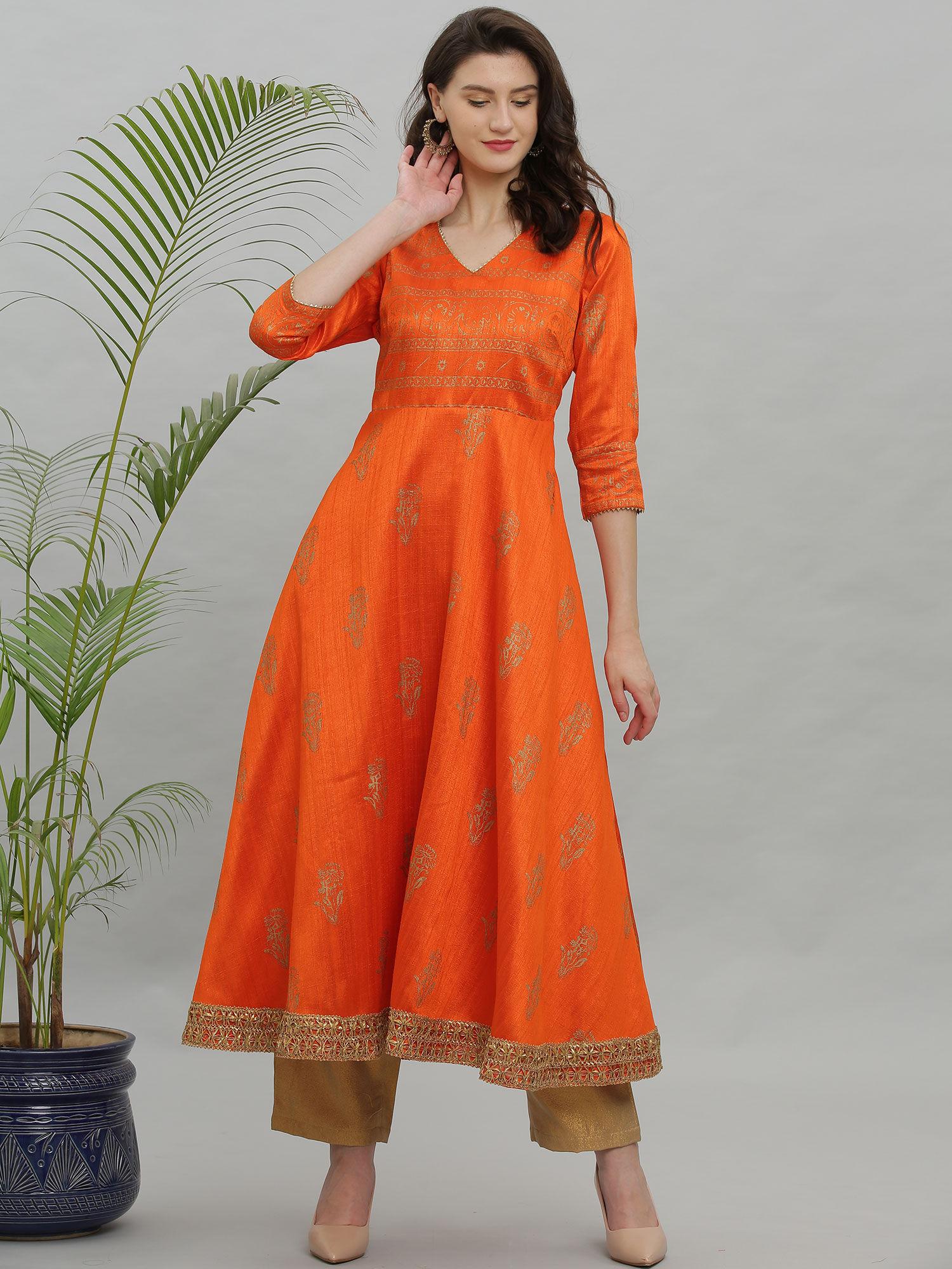 orange printed silk blend kurta pants - (set of 2)