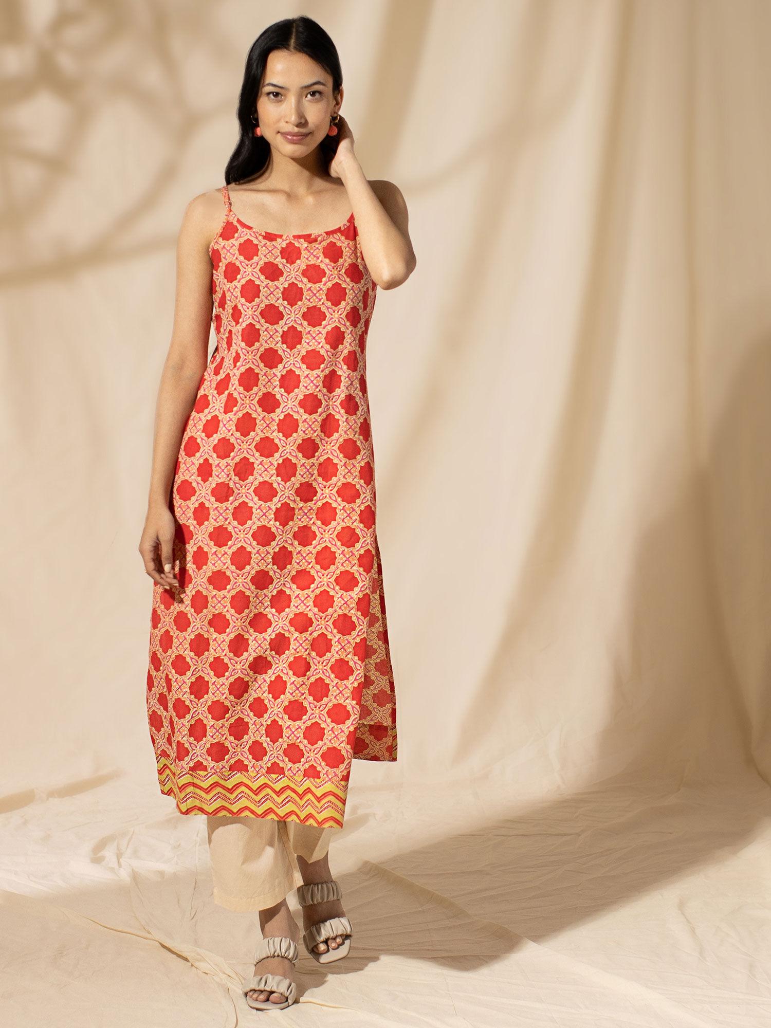 orange printed spaghetti strap kurta likkur20