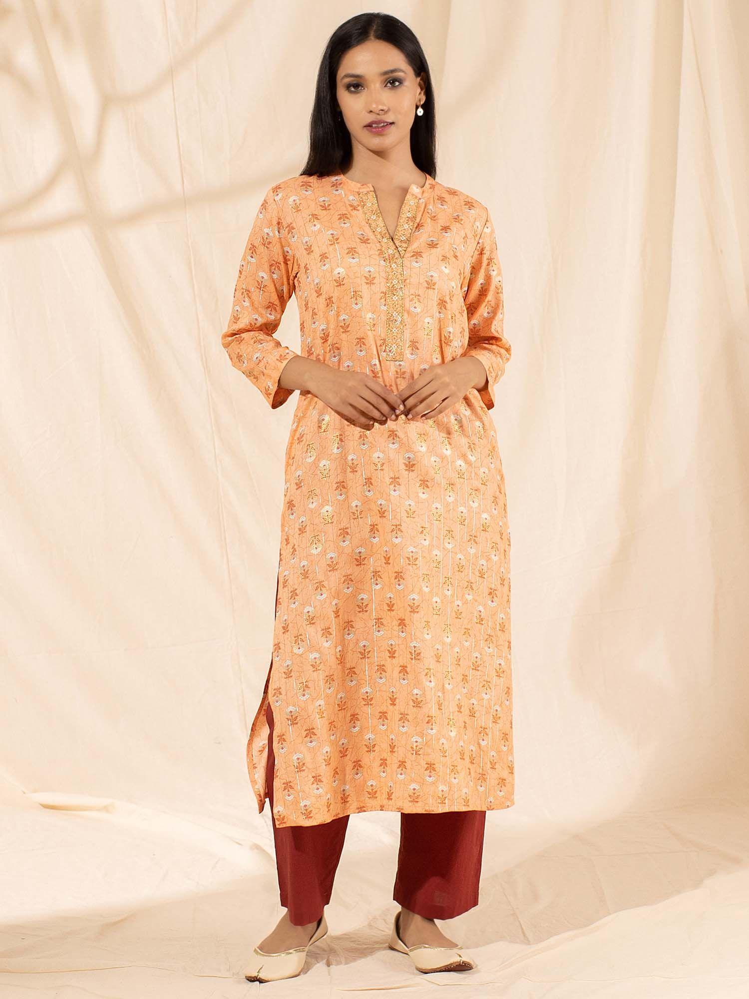 orange printed straight kurta with embroidered placket likkur107