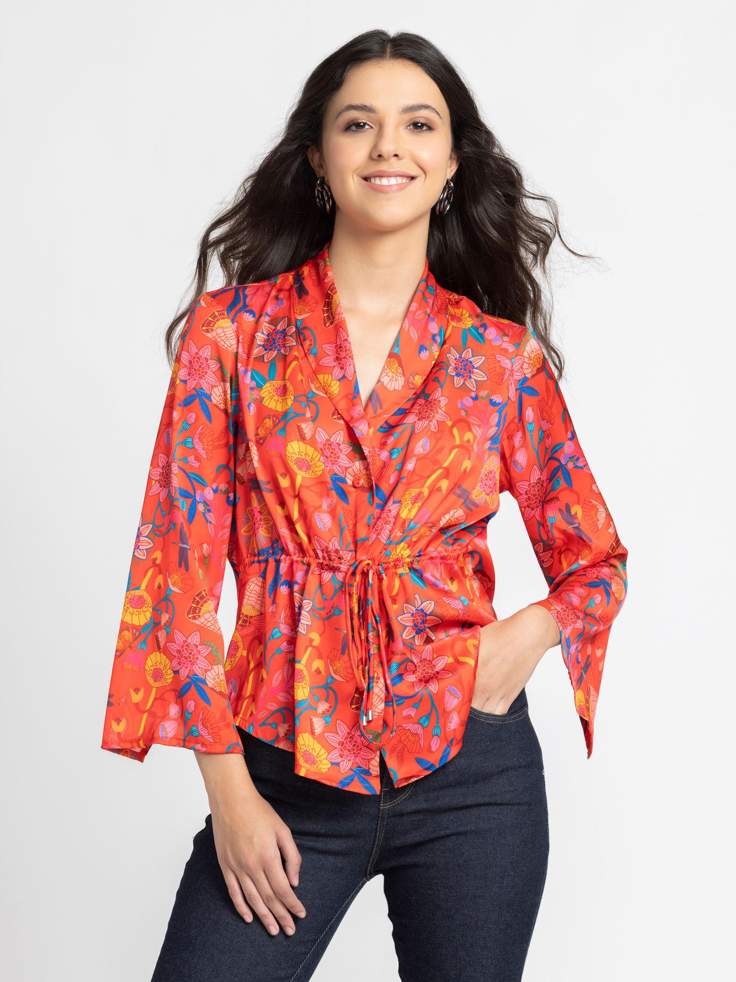 orange printed three quarter sleeves casual shirt for women