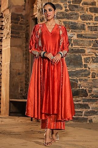 orange pure banarasi spun silk resham embroidered kurta set